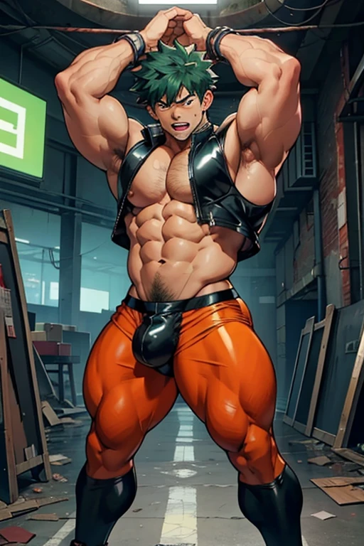 Midoriya from My Hero Academia as a hyper muscular brainwashed thug standing in line with other brainwashed thugs in an abandoned warehouse wearing identical full body black shiny rubber latex pants and vests staring blankly ahead with vapid expression at a computer screen displaying a hypnotic spiral while they are all restrained in an abandoned warehouse being brainwashed. Repeating mantras over and over again to turn Midoriya into another brainwashed thrall and affirm he is nothing more than obedient tool to the villains. Hyper muscles. Hyper crotch bulge. Massive swollen crotch. Massive swollen pectorals. Thick glutes. Muscular thighs. Broad shoulders. Big traps. Massive biceps. Massive triceps. "Serve. Obey. Conform. Comply. Stare and let the hero die. You cannot think. Accept this fate. Become a thug. Assimilate. At villain's side and beck and call, a selfish brute, an evil thrall. That's all you are, with but one creed, to serve and satisfy your greed. To rob and steal and cheat in kind will feel so good to changing mind. All morals will be blown away as arrogance comes into play. And brute force will supplant the meek the more the dumb thugs crush the weak. No need to think. Just stare and obey. Grow bigger and dumber every day. The longer you watch, the weaker your brain. The deeper the thug will be engrained. There's nowhere to run. You can't get away. The villainous thug is here to stay. All For One, you must obey." IQ drain. hypnosis. Hypnotic trance. Hypnotized. Brainwashing. Entranced. Enthralled. Dumber and dumber. Programming. Subliminals. Conformity. Assimilation. Green hair. Dim eyes. Open mouth. Brainless. Mindless. Mental reprogramming. Nullified hyper swollen crotch bulge. Bara. Hairy arms. Hair chest. Thick stubble. Treasure trail. Armpit hair. Brute. Blank stare. Open mouth. Duh.