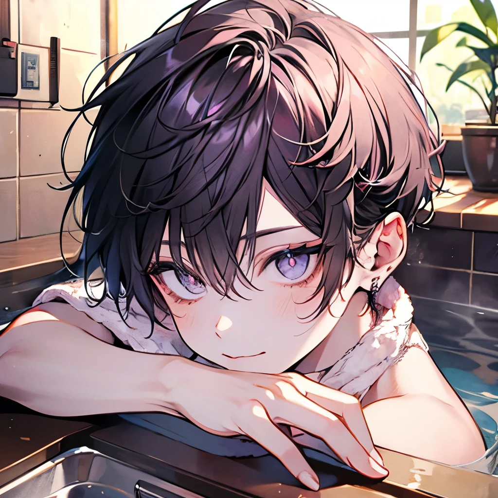 Beautiful young man,Beige hair, short hair, purple eyes, Wet hair, Wipe your hair with a towel, Top Naked, pecs, abs, After taking a bath, steam, sink,High quality, amount of drawing, pixiv illustration,(Angle from below),(Angle of incitement),barefoot,cheeks are red,(A shy smile),((hand to own mouth:1.2)),LOVE,Good finger,Perfect finger.