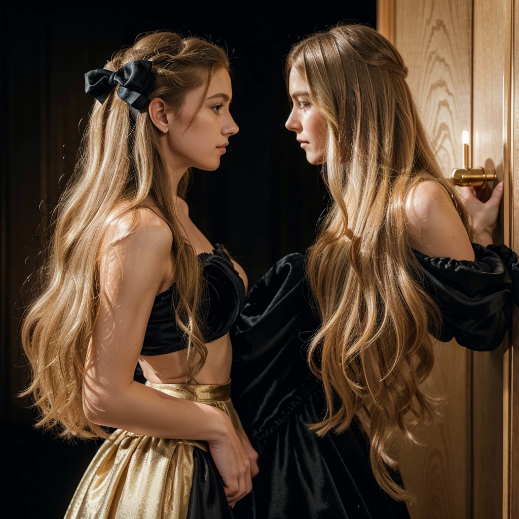 Portrait-style photograph featuring a woman with long, wavy blonde hair, styled with a large black velvet bow. She is turned slightly away from the camera, showing her profile. Her skin is fair, and she is wearing an off-the-shoulder dress with a black bodice and large, pale pink satin bows on the sleeves. The background consists of a wall with elegant, gold-trimmed paneling, adding a touch of sophistication to the setting.