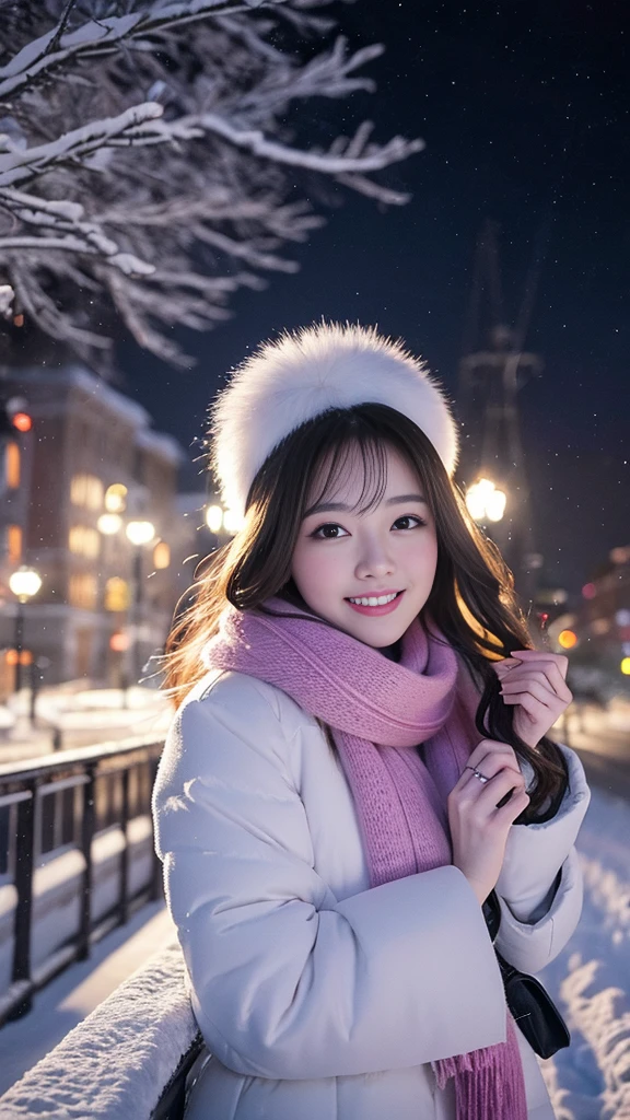 (Highest quality、masterpiece、8k、Best image quality、Hyperrealism、Award-winning works)、1 girl、(Elegant fur coat:1.1)、(The perfect pink scarf:1.1)、Soft and delicate light、Dramatic lighting、Romantic snowy night city、Romantic Christmas illuminations、Beautiful night view of a snowy city、The biggest smile looks at me、Sparkling fine snow、Beautiful snow reflecting light、Diamond dust、(Tyndall effect:1.1)、Beautiful snowy scenery、(that&#39;it&#39;s snowing:1.1)、(Snow in the hair:1.1)、Accurate anatomy、(Face close-up:1.1)、Beautiful glossy lipstick, Natural Color、Natural Makeup、Glossy Lips、Ultra HD glossy skin、ultra high definition radiation, Beautiful Skin、Milky white moisturized skin、Beautiful Skin glow、超高精細のGlossy Lips、Ultra-high definition sparkling eyes、Beautiful perfect teeth in super high resolution、Please smile widely and show your beautiful teeth.