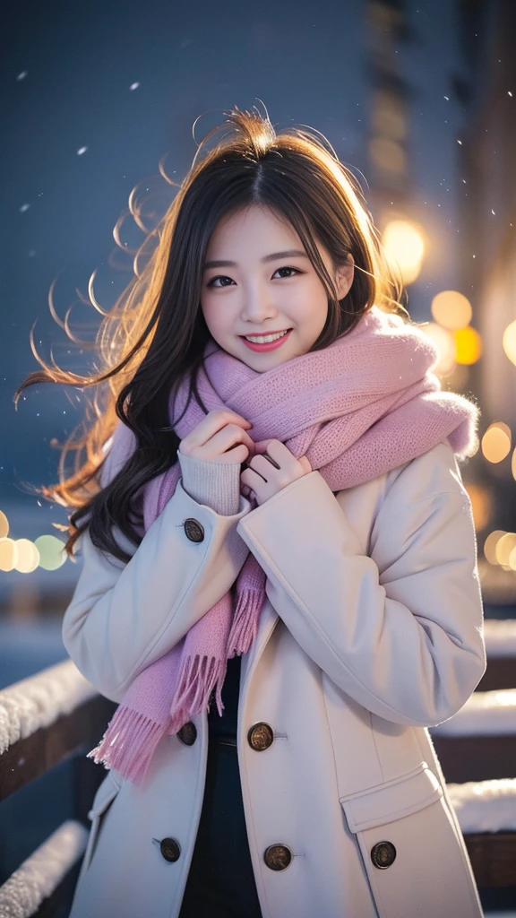 (Highest quality、masterpiece、8k、Best image quality、Hyperrealism、Award-winning works)、1 girl、(Elegant fur coat:1.1)、(The perfect pink scarf:1.1)、Soft and delicate light、Dramatic lighting、Romantic snowy night city、Romantic Christmas illuminations、Beautiful night view of a snowy city、The biggest smile looks at me、Sparkling fine snow、Beautiful snow reflecting light、Diamond dust、(Tyndall effect:1.1)、Beautiful snowy scenery、(that'it's snowing:1.1)、(Snow in the hair:1.1)、Accurate anatomy、(Face close-up:1.1)、Beautiful glossy lipstick, Natural Color、Natural Makeup、Glossy Lips、Ultra HD glossy skin、ultra high definition radiation, Beautiful Skin、Milky white moisturized skin、Beautiful Skin glow、超高精細のGlossy Lips、Ultra-high definition sparkling eyes、Beautiful perfect teeth in super high resolution、Please smile widely and show your beautiful teeth.