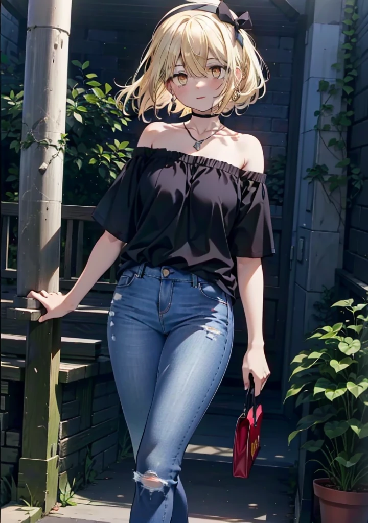 アイスWallenstein, Wallenstein, blonde, Hair between the eyes, Baseball hats, Long Hair, (Yellow Eyes:1.5),happy smile, smile, Shut your mouth.,smile,blush,Bare neck,Heart Necklace,Oversized blue one-shoulder shirt,Short sleeve,Skinny jeans,Stiletto heels,whole bodyがイラストに入るように,Walking,Daytime,Clear skies, break looking at viewer,whole body, (Cowboy Shot:1. 5) break outdoors,Building district, break (masterpiece:1.2), Highest quality, High resolution, unity 8k wallpaper, (shape:0.8), (Beautiful and beautiful eyes:1.6), Highly detailed face, Perfect lighting, Extremely detailed CG, (Perfect hands, Perfect Anatomy),