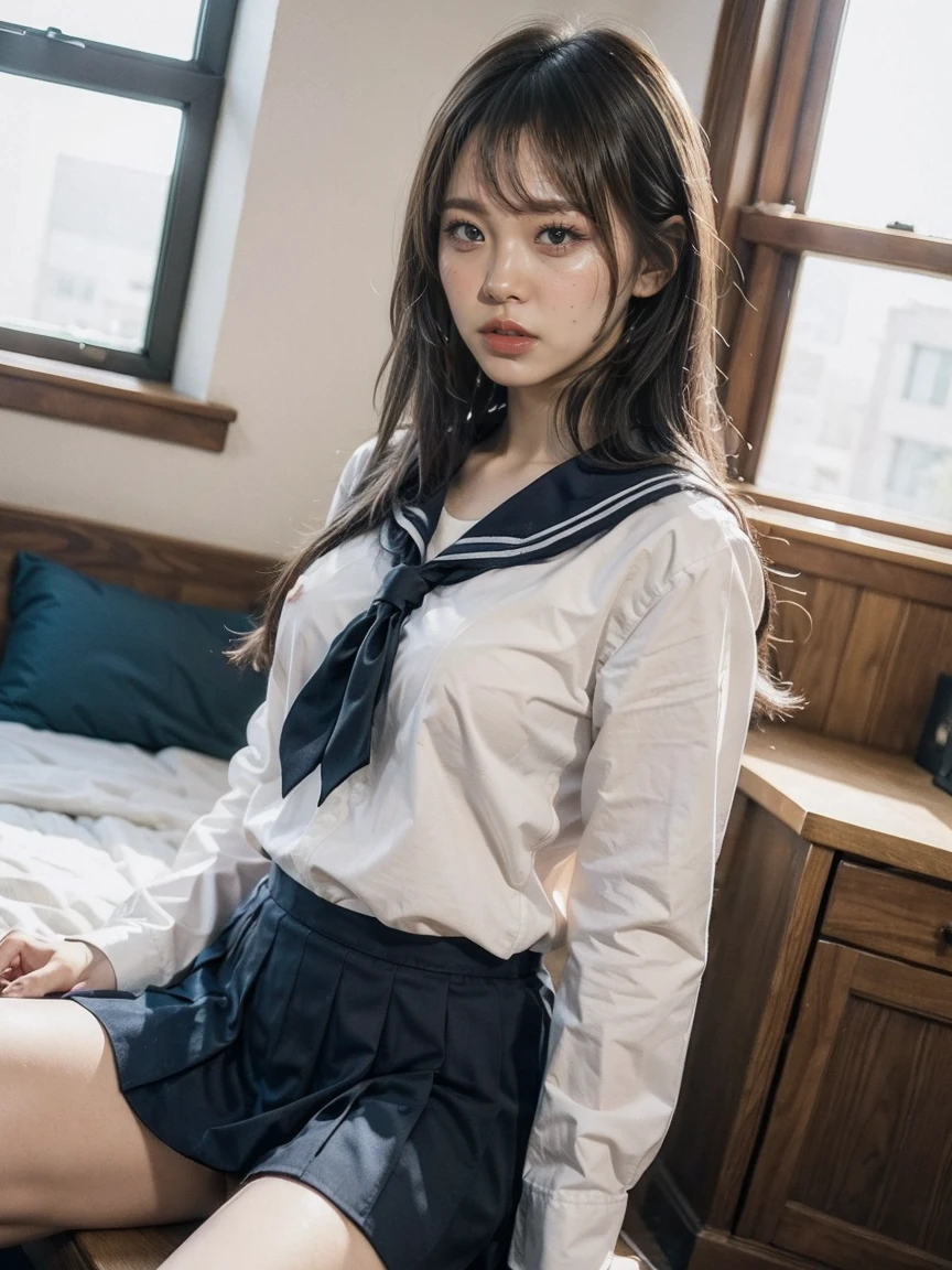 ((wearing Student's sailor uniform, pleats skirt)), ((full body)), ((long hair:1.3, blunt bang:1.3)), ((白い歯を見せて笑っている)), buttocks, panty lines, detailed face, long eyelashes, beautiful eyes, beautiful lips, photo realistic, hyper detailed, 8k, high quality, masterpiece, vibrant colors, dramatic lighting, cinematic, photorealistic, intricate details,((I can't look directly at the nipples:1.5, Know the shape of your nipples:1.5)),((You can see the crack of her pussy:1.3)),((Big Ass:1.2))