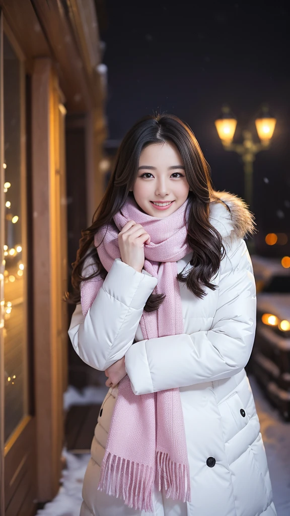 (Highest quality、masterpiece、8k、Best image quality、Hyperrealism、Award-winning works)、1 girl、(Elegant fur coat:1.1)、(The perfect pink scarf:1.1)、Soft and delicate light、Dramatic lighting、Romantic snowy night city、Romantic Christmas illuminations、Beautiful night view of a snowy city、The biggest smile looks at me、Sparkling fine snow、Beautiful snow reflecting light、Diamond dust、(Tyndall effect:1.1)、Beautiful snowy scenery、(that'it's snowing:1.1)、(Snow in the hair:1.1)、Accurate anatomy、(Face close-up:1.1)、Beautiful glossy lipstick, Natural Color、Natural Makeup、Glossy Lips、Ultra HD glossy skin、ultra high definition radiation, Beautiful Skin、Milky white moisturized skin、Beautiful Skin glow、超高精細のGlossy Lips、Ultra-high definition sparkling eyes、Beautiful perfect teeth in super high resolution、Please smile widely and show your beautiful teeth.