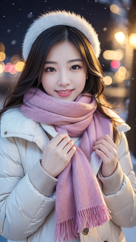 (Highest quality、masterpiece、8k、Best image quality、Hyperrealism、Award-winning works)、1 girl、(Elegant fur coat:1.1)、(The perfect pink scarf:1.1)、Soft and delicate light、Dramatic lighting、Romantic snowy night city、Romantic Christmas illuminations、Beautiful night view of a snowy city、The biggest smile looks at me、Sparkling fine snow、Beautiful snow reflecting light、Diamond dust、(Tyndall effect:1.1)、Beautiful snowy scenery、(that'it's snowing:1.1)、(Snow in the hair:1.1)、Accurate anatomy、(Face close-up:1.1)、Beautiful glossy lipstick, Natural Color、Natural Makeup、Glossy Lips、Ultra HD glossy skin、ultra high definition radiation, Beautiful Skin、Milky white moisturized skin、Beautiful Skin glow、超高精細のGlossy Lips、Ultra-high definition sparkling eyes、Beautiful perfect teeth in super high resolution、Please smile widely and show your beautiful teeth.