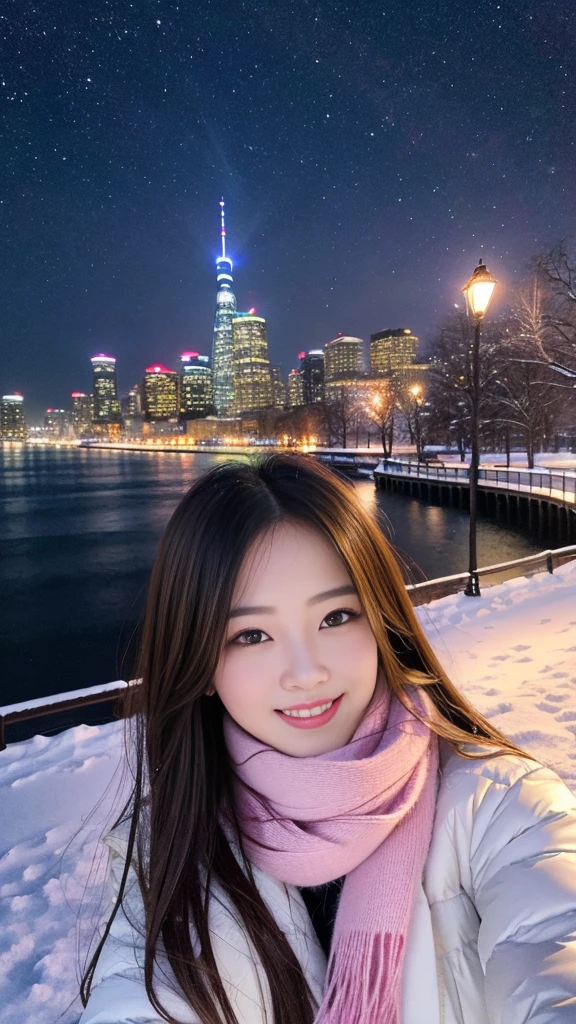 (Highest quality、masterpiece、8k、Best image quality、Hyperrealism、Award-winning works)、1 girl、(Elegant fur coat:1.1)、(The perfect pink scarf:1.1)、Soft and delicate light、Dramatic lighting、Romantic snowy night city、Romantic Christmas illuminations、Beautiful night view of a snowy city、The biggest smile looks at me、Sparkling fine snow、Beautiful snow reflecting light、Diamond dust、(Tyndall effect:1.1)、Beautiful snowy scenery、(that&#39;it&#39;s snowing:1.1)、(Snow in the hair:1.1)、Accurate anatomy、(Face close-up:1.1)、Beautiful glossy lipstick, Natural Color、Natural Makeup、Glossy Lips、Ultra HD glossy skin、ultra high definition radiation, Beautiful Skin、Milky white moisturized skin、Beautiful Skin glow、超高精細のGlossy Lips、Ultra-high definition sparkling eyes、Beautiful perfect teeth in super high resolution、Please smile widely and show your beautiful teeth.