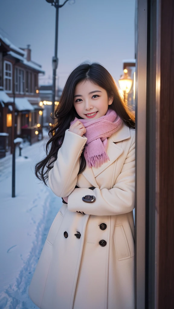 (Highest quality、masterpiece、8k、Best image quality、Hyperrealism、Award-winning works)、1 girl、(Elegant fur coat:1.1)、(The perfect pink scarf:1.1)、Soft and delicate light、Dramatic lighting、Romantic snowy night city、Romantic Christmas illuminations、Beautiful night view of a snowy city、The biggest smile looks at me、Sparkling fine snow、Beautiful snow reflecting light、Diamond dust、(Tyndall effect:1.1)、Beautiful snowy scenery、(that&#39;it&#39;s snowing:1.1)、(Snow in the hair:1.1)、Accurate anatomy、(Face close-up:1.1)、Beautiful glossy lipstick, Natural Color、Natural Makeup、Glossy Lips、Ultra HD glossy skin、ultra high definition radiation, Beautiful Skin、Milky white moisturized skin、Beautiful Skin glow、超高精細のGlossy Lips、Ultra-high definition sparkling eyes、Beautiful perfect teeth in super high resolution、Please smile widely and show your beautiful teeth.