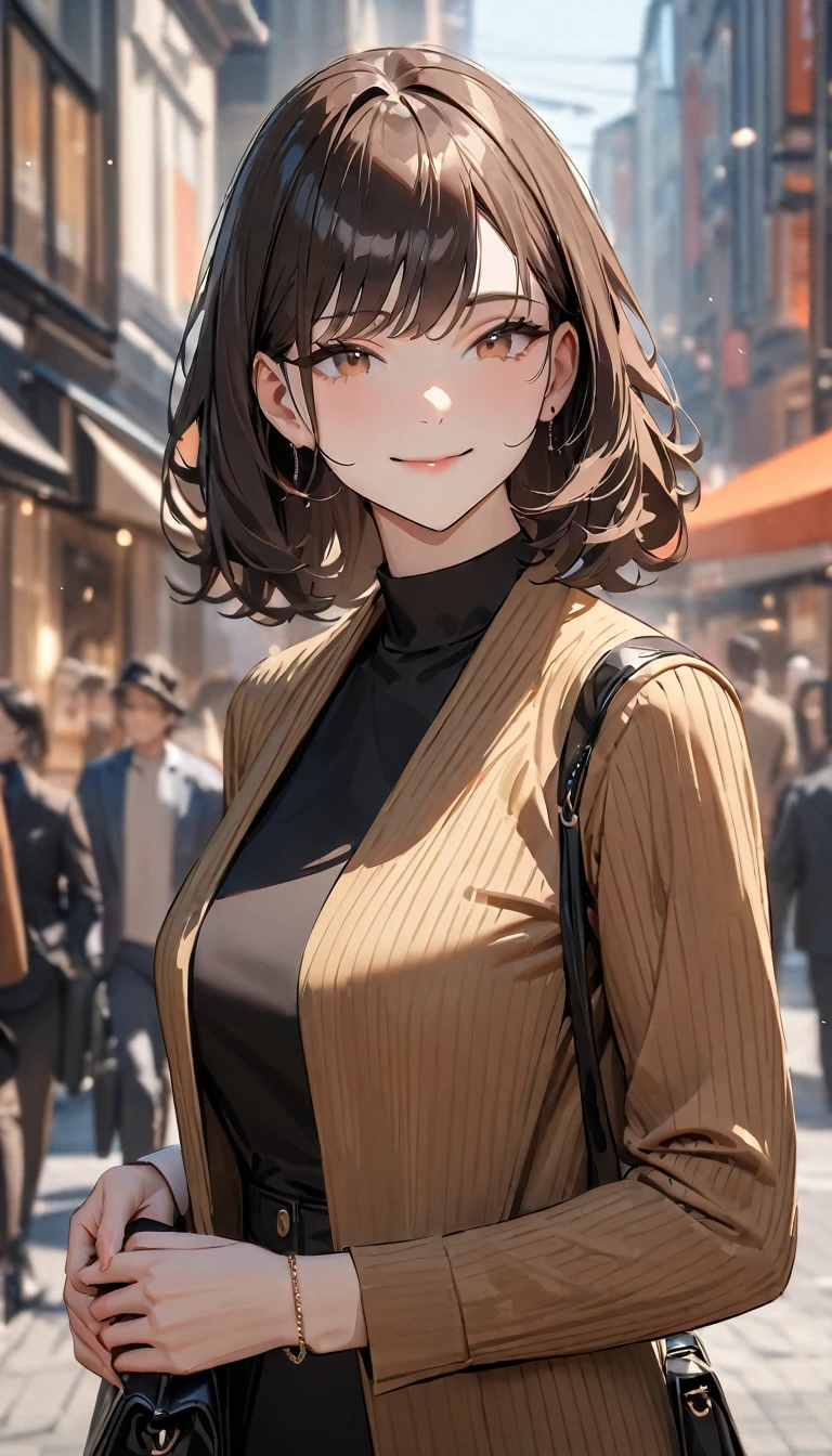 masterpiece , modern, Verism, masterpiece, super detail, best quality, 4K , (upper body), a woman, dark brown hair, mature female, light smile , carrying a designer bag in her hand, strolling through city