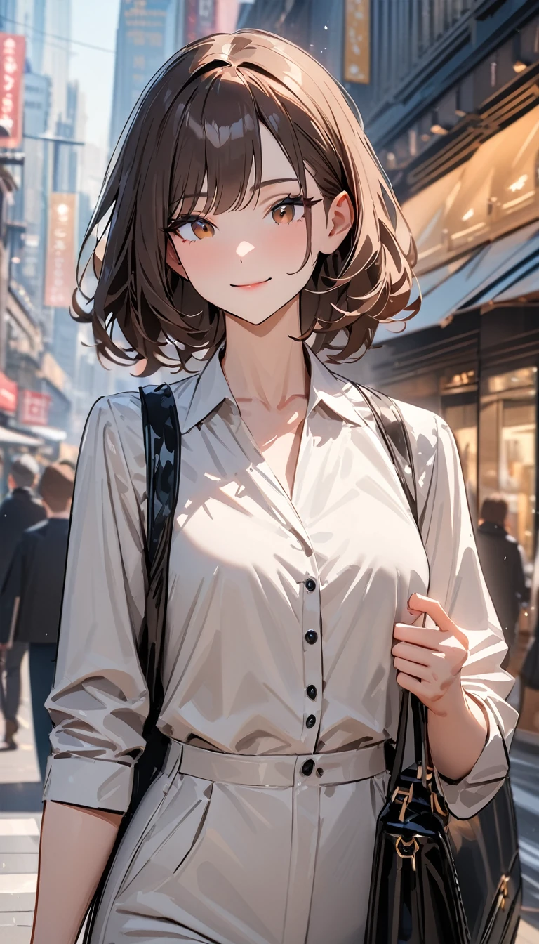 masterpiece , modern, Verism, masterpiece, super detail, best quality, 4K , (upper body), a woman, dark brown hair, mature female, light smile , carrying a designer bag in her hand, strolling through city