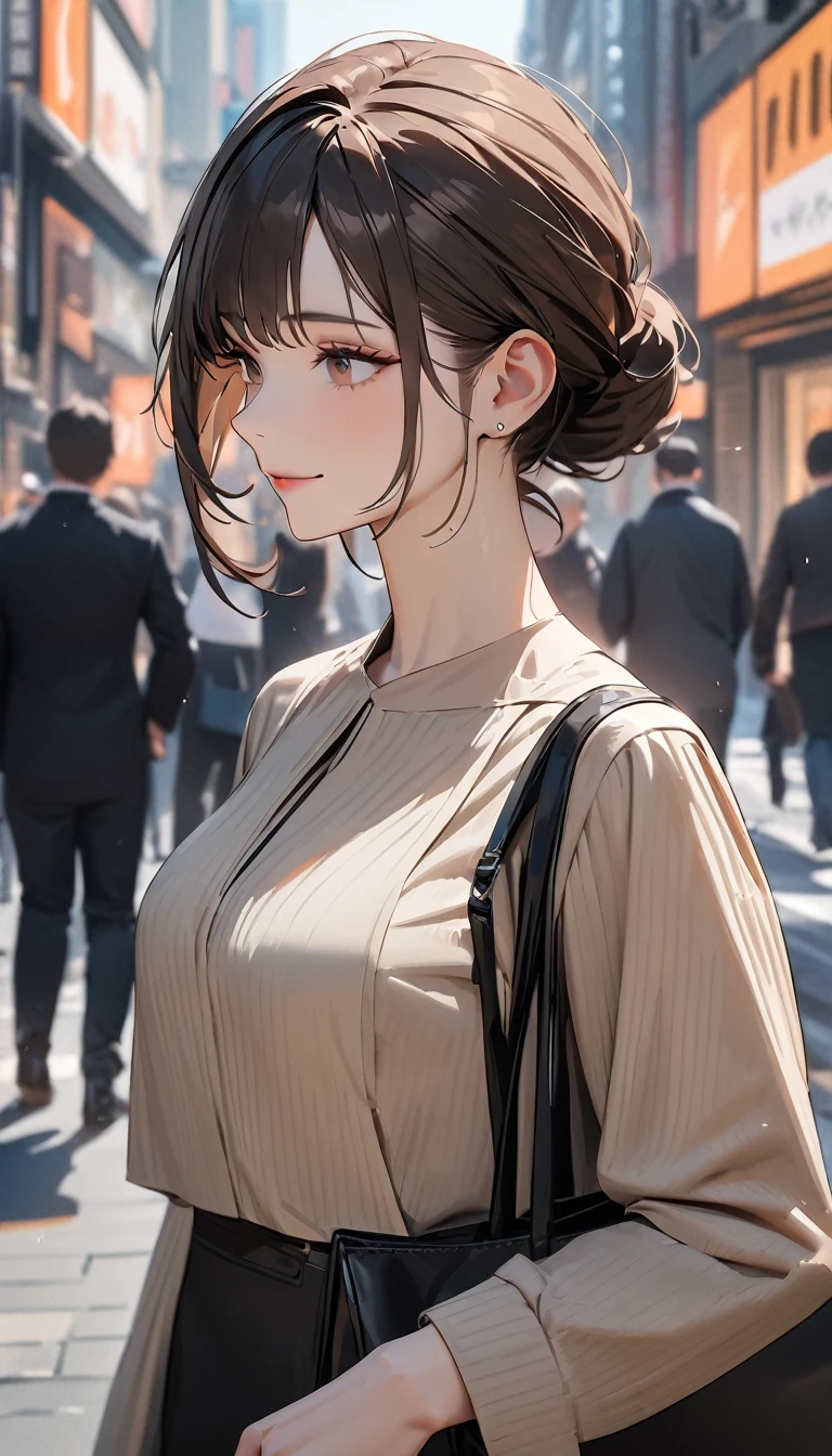 masterpiece , modern, Verism, masterpiece, super detail, best quality, 4K , (upper body), a woman, dark brown hair,  mature female, light smile , carrying a designer bag in her hand, strolling through city
