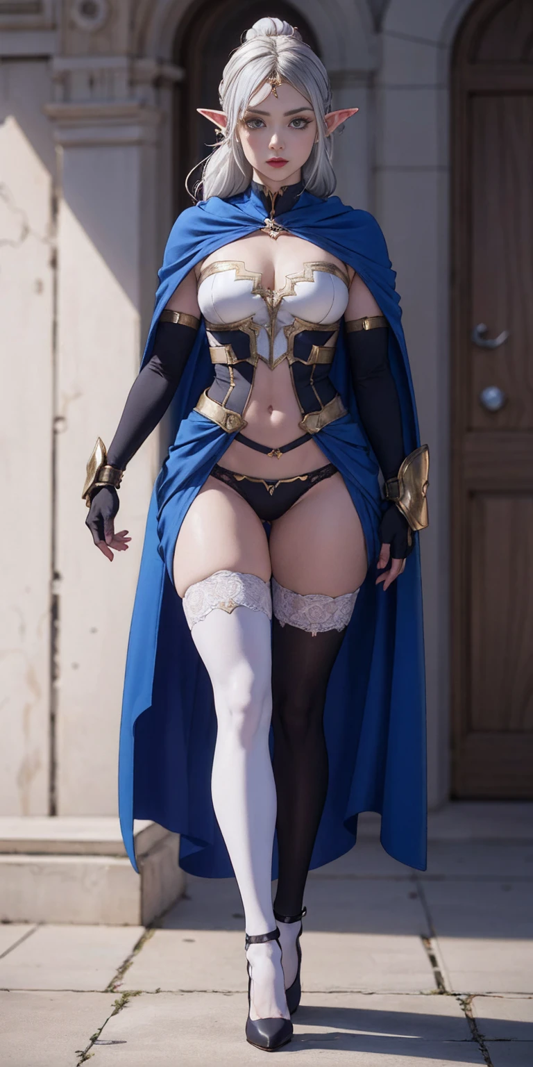 extremely long hair, ponytail, perfect anatomy 1 girl tall solo, slim thick ((muscular)) high elf full body toe to head toned body, silver breast plate, blue cape, slendered abs, hourglass waist, detailed face, defined cheekbones, puffy lips, gauntlets, gold crown, shadow over eyes, looking at viewer, masterpiece, white thigh highs lingerie, high heels