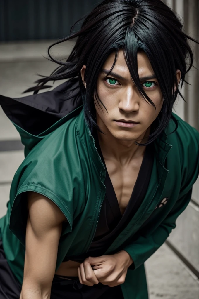 Personaje del anime jujutsu kaisen. Messy dark hair down, green eye color with brown, with wizardry high  