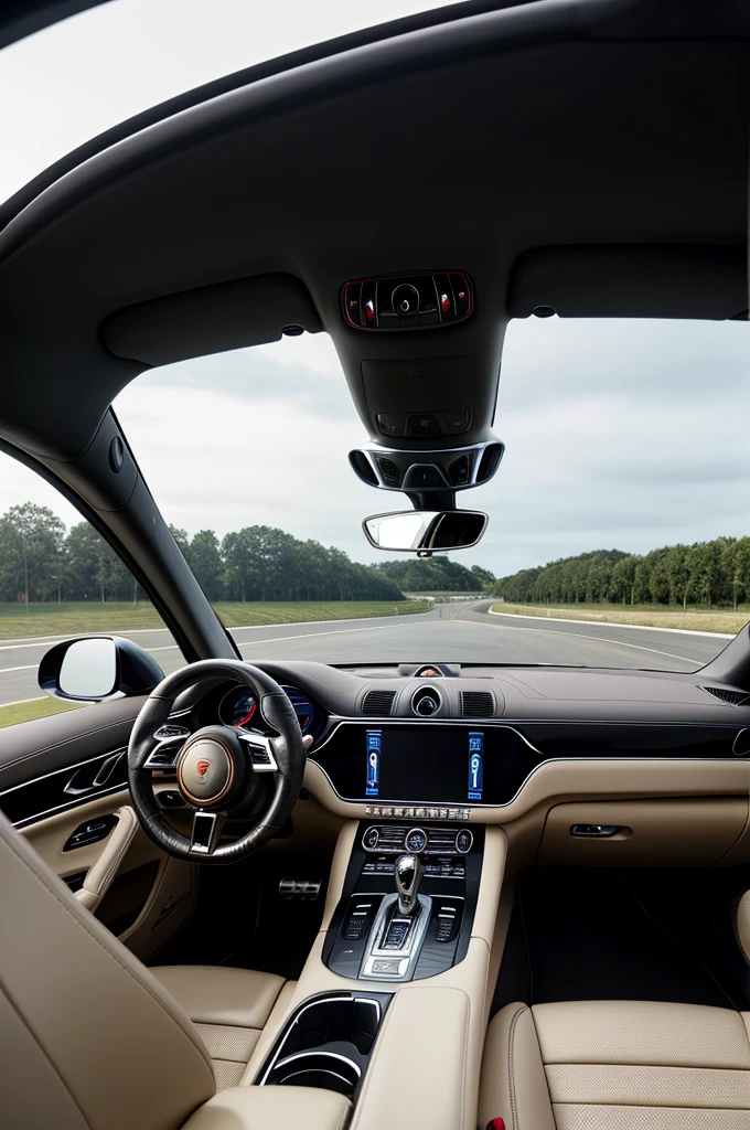 High-resolution front photographic portrait of a muscular man taking a selfie driving a sporty, customized Porsche Panamera Turbo with the lights reflecting off the panoramic sunroof and softly illuminating the interior of the car and illustrating every luxurious detail in detail, modern and sophisticated interior design of this beautiful sports car. The seats are made of white synthetic leather with black details and the side doors are made of carbon, wood and aluminium, ultra detailed, uhd, masterpiece, dynamic angle