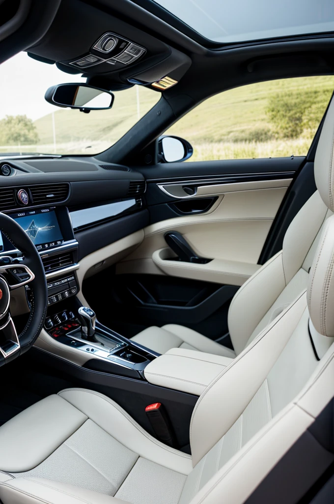 High-resolution front photographic portrait of a muscular man taking a selfie driving a sporty, customized Porsche Panamera Turbo with the lights reflecting off the panoramic sunroof and softly illuminating the interior of the car and illustrating every luxurious detail in detail, modern and sophisticated interior design of this beautiful sports car. The seats are made of white synthetic leather with black details and the side doors are made of carbon, wood and aluminium, ultra detailed, uhd, masterpiece, dynamic angle