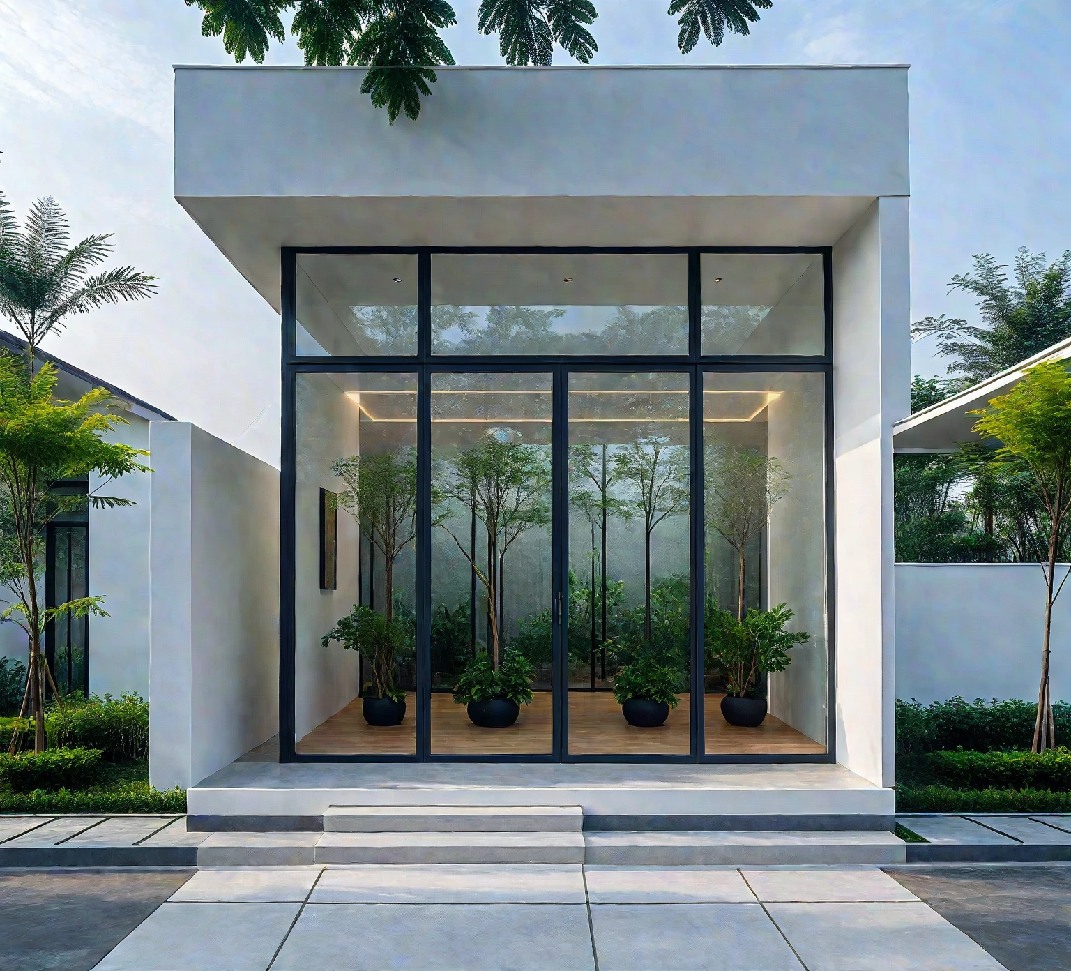 ,a modern one-story house with a minimalist design, (very small house: 1.2) ,((with a facade less than 4 meters wide:1.2)), white and glass materials, wood, large floor-to-ceiling glass windows, tropical plants and trees. (house as the showroom mini furniture:1.2), front view, elevation viewRAW photo, a photo of a modern house, (curvilinear archrchitecture:1.4), Wabisabi style rounded wall, white wall, steel black gate, sidewalk, sidewalk trees, ((grey gate:1.2)), road, viet nam modern residence, ((architectural shot)), rough white wall, new residential area, wide angle exterior 2022, contemporary house, exterior photography, masterpiece, contemporary architecture, overcast, indirect lighting