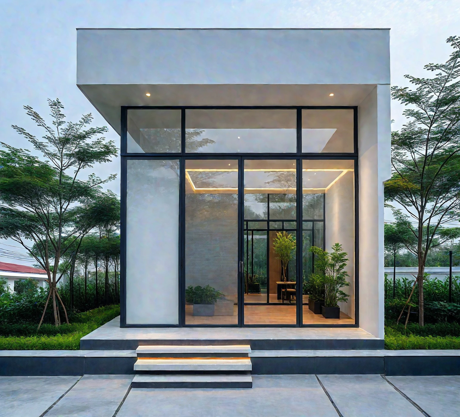 ,a modern one-story house with a minimalist design, (very small house: 1.2) ,((with a facade less than 4 meters wide:1.2)), white and glass materials, wood, large floor-to-ceiling glass windows, tropical plants and trees. (house as the showroom mini furniture:1.2), front view, elevation viewRAW photo, a photo of a modern house, (curvilinear archrchitecture:1.4), Wabisabi style rounded wall, white wall, steel black gate, sidewalk, sidewalk trees, ((grey gate:1.2)), road, viet nam modern residence, ((architectural shot)), rough white wall, new residential area, wide angle exterior 2022, contemporary house, exterior photography, masterpiece, contemporary architecture, overcast, indirect lighting