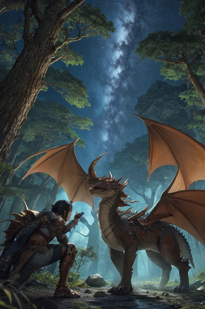 A brave young warrior, with light armor and a shining sword, Face a huge and ferocious dragon in an enchanted forest. The forest is full of tall, twisted trees, with leaves that seem to shine with a magical light. The scene is illuminated by the full moon that appears between the treetops. Fine details of dragon scales and warrior armor textures. Camera angle is low, looking up to capture the immensity of the dragon and the courage of the warrior, with the night sky in the background. The white margin around the image frames the scene, giving it a classic Japanese manga look