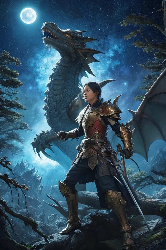A brave young warrior, with light armor and a shining sword, Face a huge and ferocious dragon in an enchanted forest. The forest is full of tall, twisted trees, with leaves that seem to shine with a magical light. The scene is illuminated by the full moon that appears between the treetops. Fine details of dragon scales and warrior armor textures. Camera angle is low, looking up to capture the immensity of the dragon and the courage of the warrior, with the night sky in the background. The white margin around the image frames the scene, giving it a classic Japanese manga look