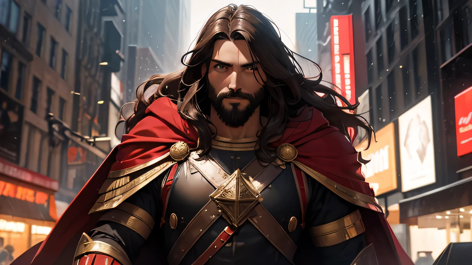 photorealistic highly detailed portrait of jesus in red cape, black beard, light brown eyes, smiling, wearing ancient roman warrior clothing from 4th century BC, standing in the rain at night in new york city, dramatic lighting, cinematic, digital art, hyper realistic, 8k
