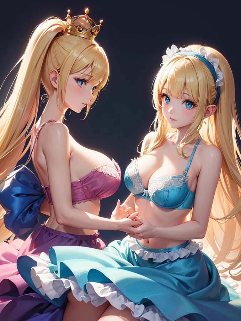 bare breasts、(satin、silk、(Blue bra))、Highest quality, Super Fine, 16K, Incredibly absurd, Very detailed, Beautiful and cute woman, shy, Big, bright eyes, Blonde double-sided princess hairstyle, Princess-like pink ruffled long flare skirt dress, Simple color background