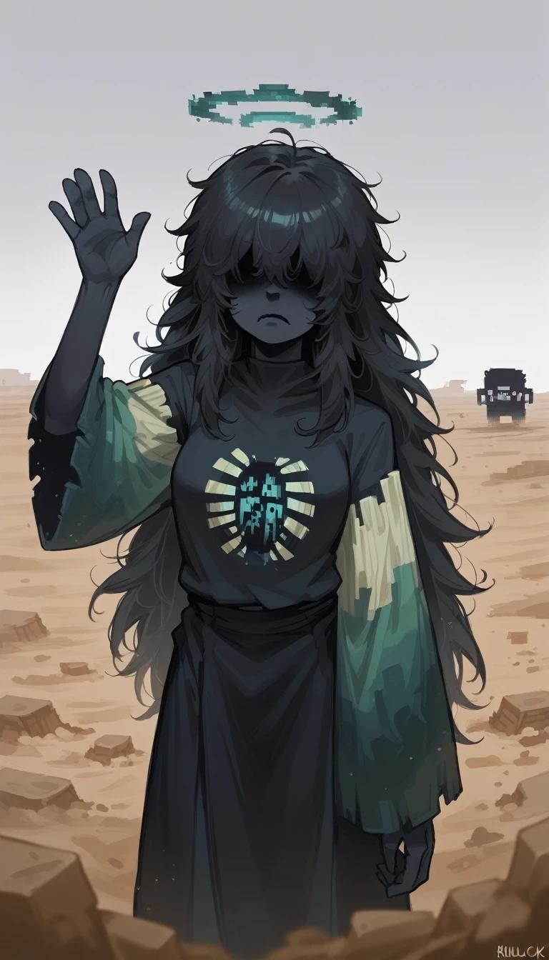 minecraft skulk monster girl, minecraft skulk try body, pitch black skin, long hair, big fluffy hair, hair hangs over face, hidden eyes, slightly waving, shy expression, looking away from camera, desert, solo:1.3, realistic, hyper detailed, unreal engine,
