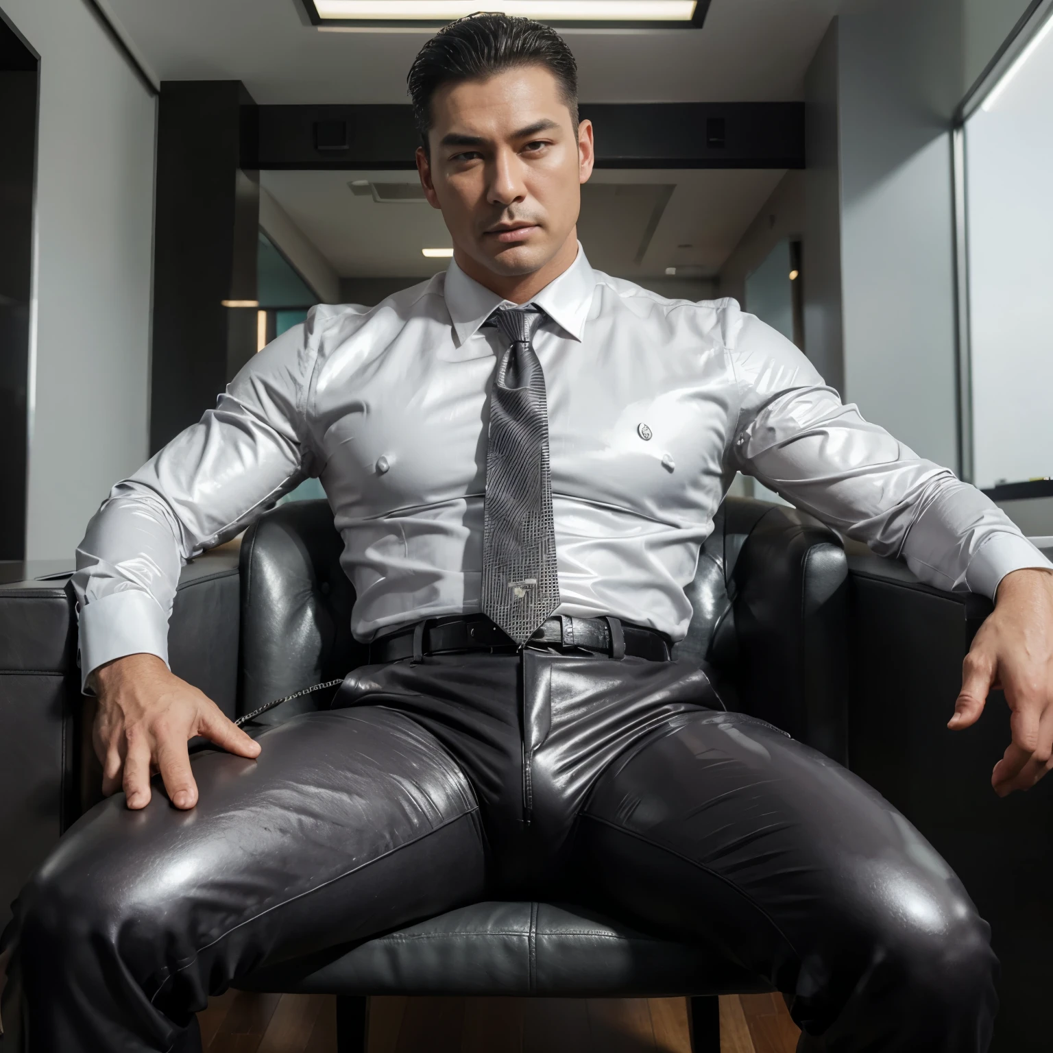 30 years old, The young daddy, very handsome, wear "very glossy shiny suit", wear white shirt, very glossy shiny silver dark gray pants, necktie, waistcoat, shiny satin trousers, wear leather belts, dark gray satin fabric ,Dad sit back against the chair and spread your legs, k hd,in the office,"big muscle", "Dad is so big" , masculine hairstyle, asia face, masculine, strong man, the boss is, handsome, leather gloves, lecherous dad, look straight ahead,dad is handsome,dad is handsome, dad is "big horny daddy"