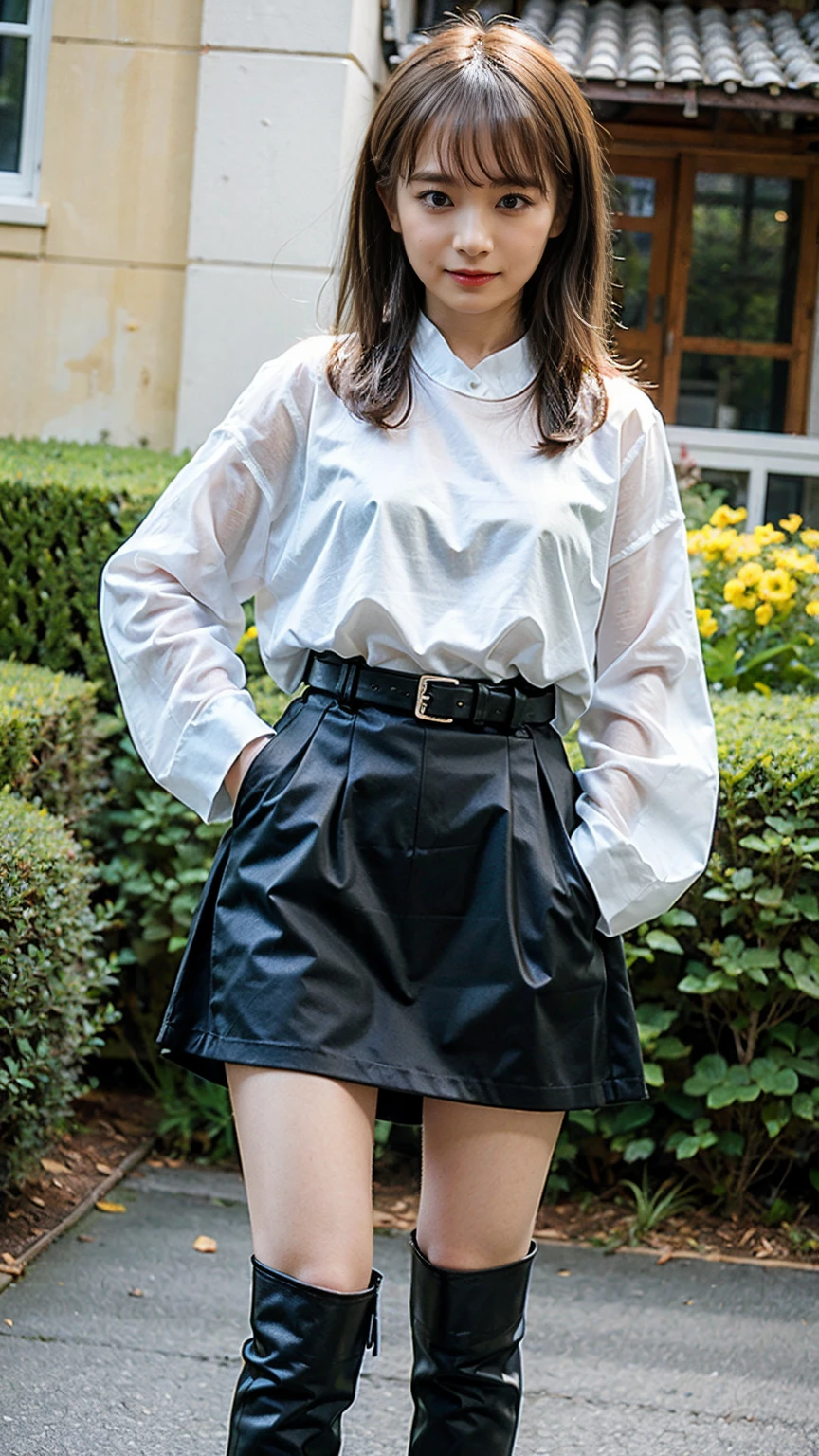 (8k、RAW Photos、Highest quality、masterpiece:1.2)、(Realistic、Realistic)、1 Girl、((suit、Black Mini Skirt、Medium Hair、boots、garden、View from the front、Looking at the camera、belt、Hands on your hips))、cute