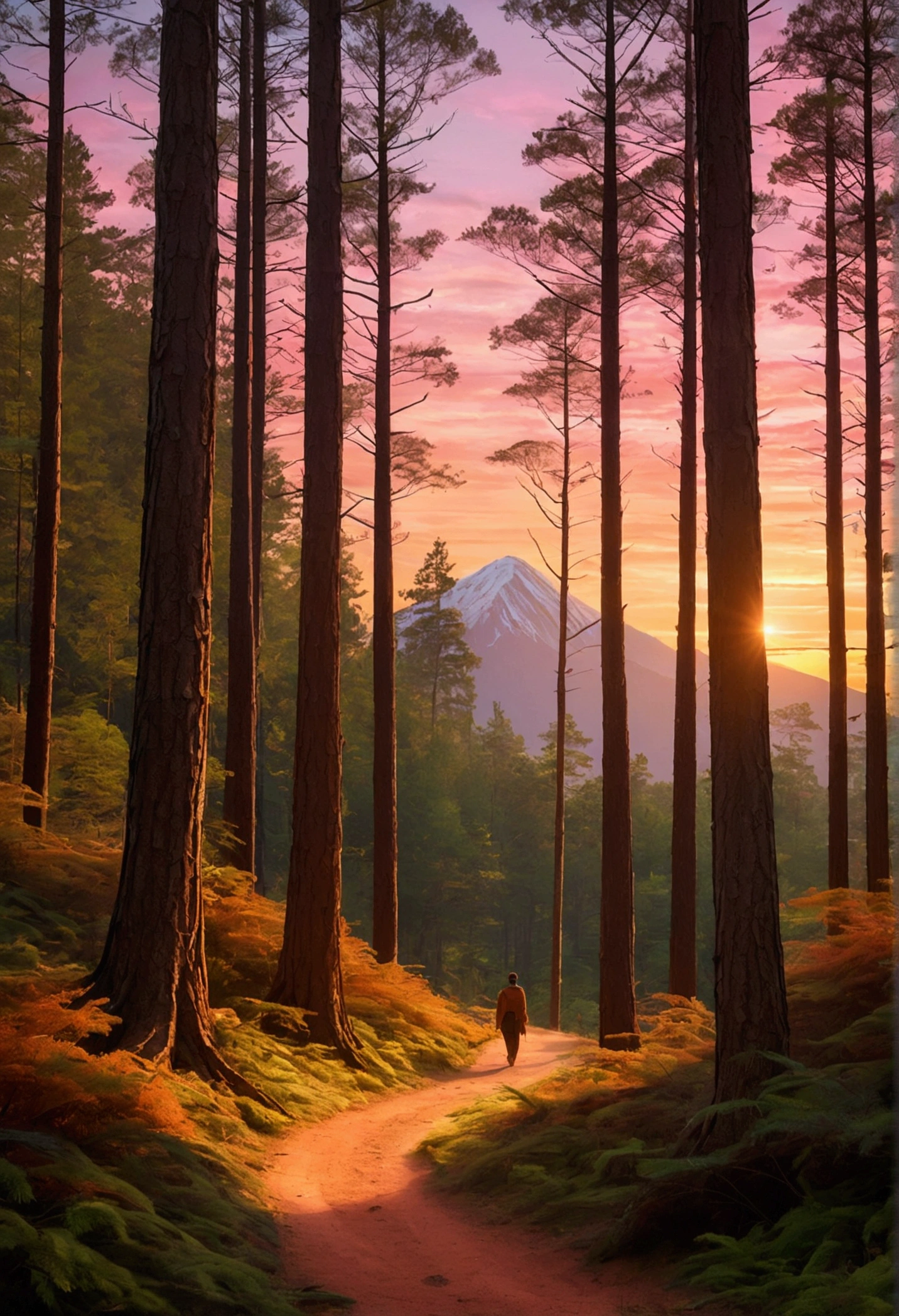 A serene forest scene featuring tall mountain pines and dhupi trees. The forest floor is blanketed with a soft layer of pine needles. A narrow, winding path meanders through the trees. A solitary figure walks along this path, surrounded by the towering pines and dhupi trees. The sky is a gradient of orange and pink, indicating a peaceful sunset, and casting a warm glow over the forest. The figure’s silhouette is visible, evoking a sense of tranquility and solitude."