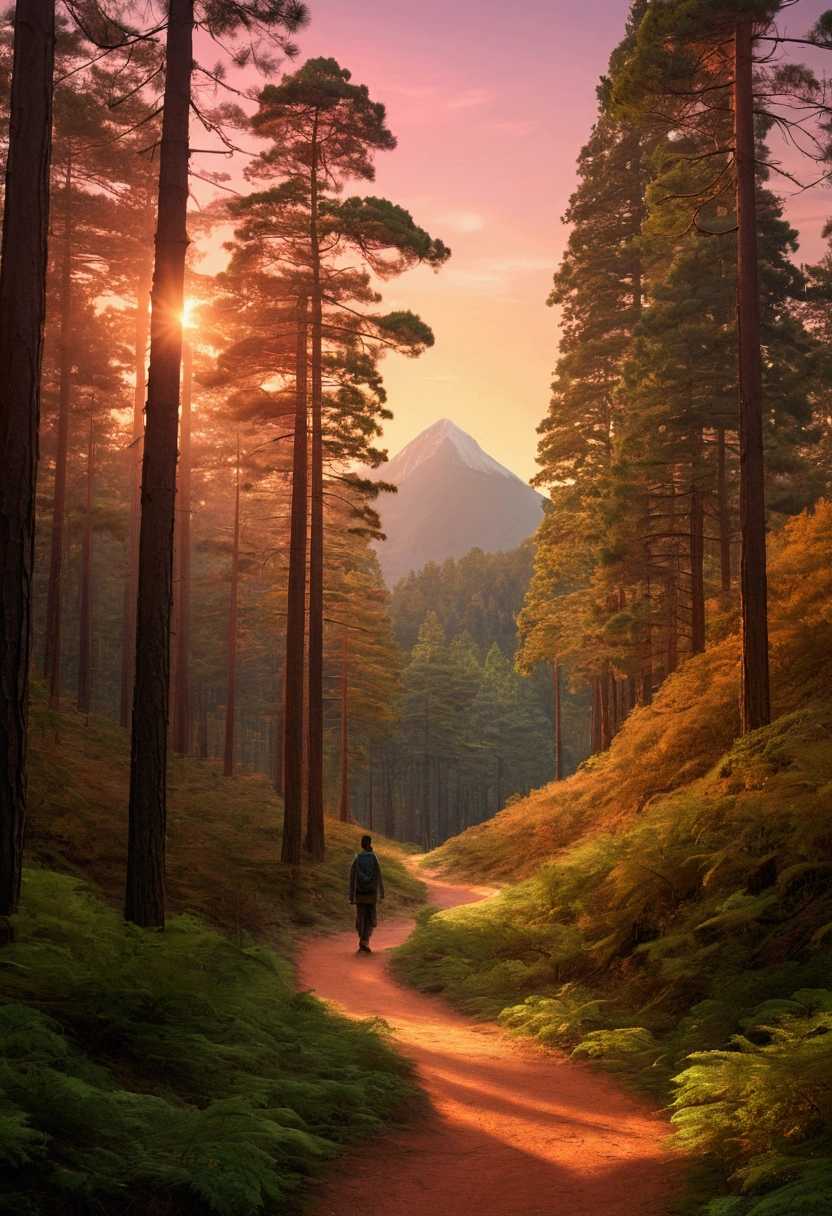 A serene forest scene featuring tall mountain pines and dhupi trees covered with light fog and light sunrise. A handsome tall teen boy sitting in meadow in depressed mood and watching the trees pic from back