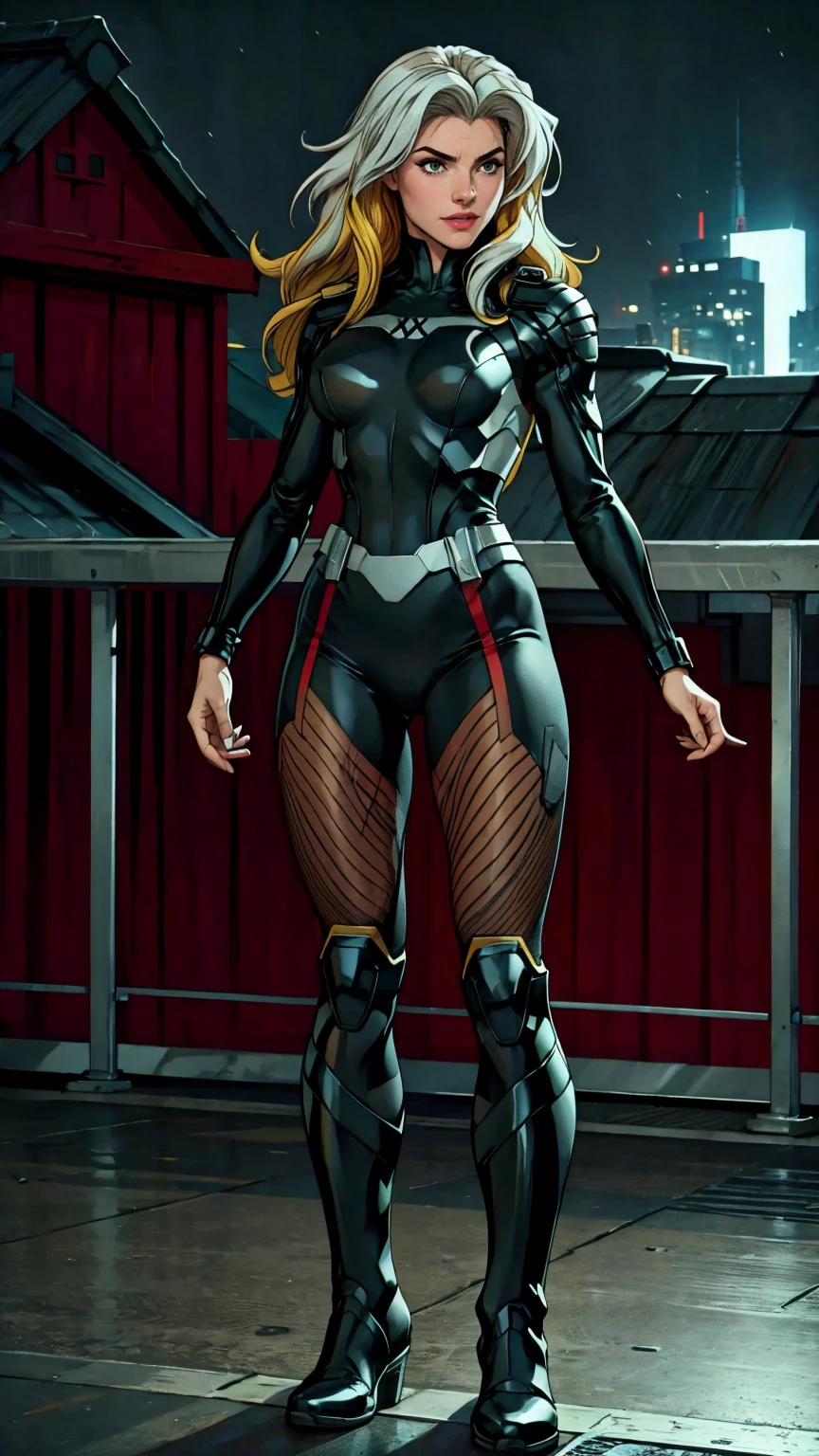 ((Full body photo, standing, feet on the ground)) (best quality, 4k, 8k, high resolution, masterpiece: 1,2), ultra-detailed, fishnet tights, (realistic, photorealistic, photorealistic: 1, 37), full body photo, Rogue, X-Men, yellow high boots, beauty pose, standing, show feet, outside, city roof at night, black and white uniform

