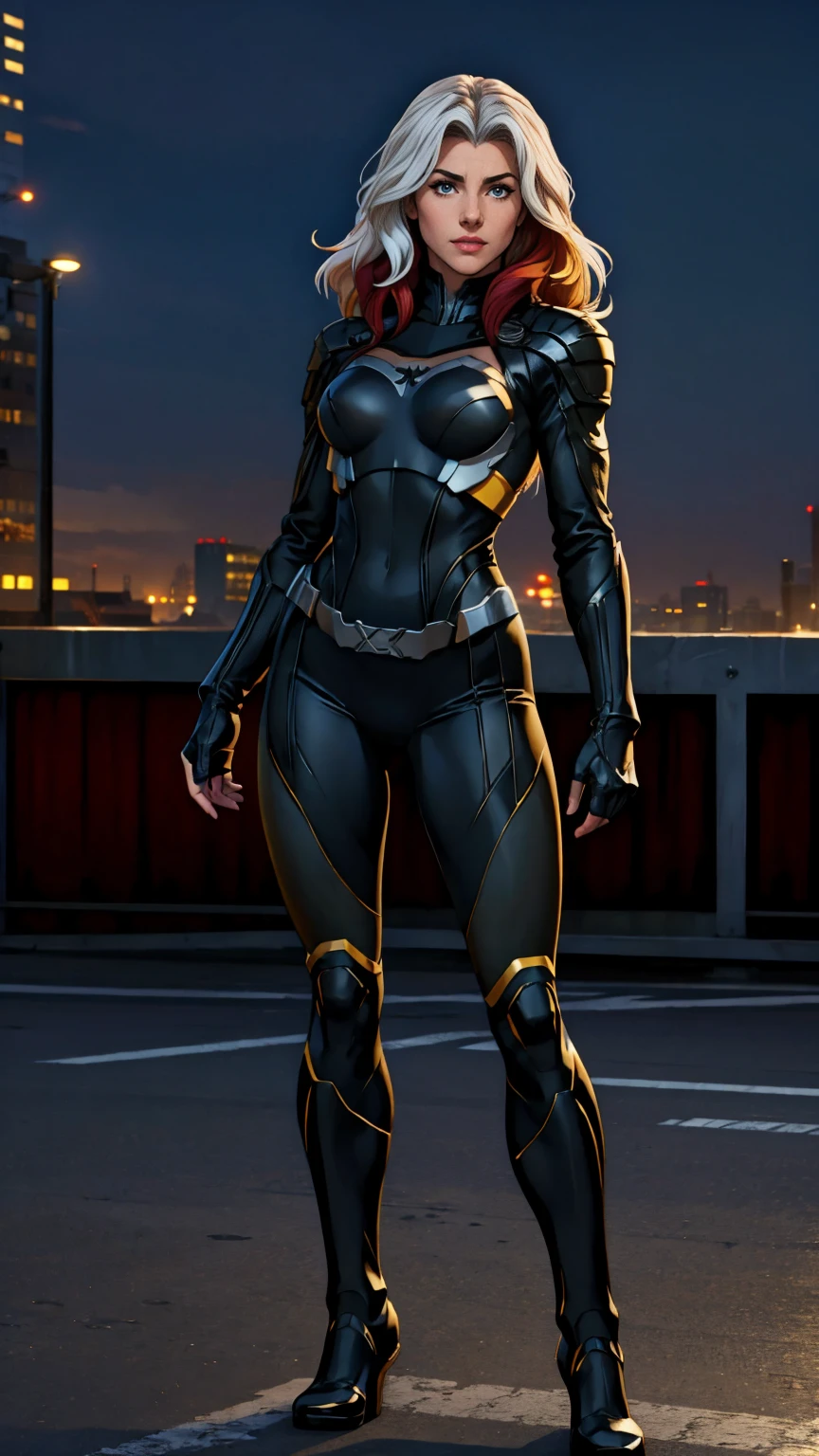 ((Full body photo, standing, feet on the ground)) (best quality, 4k, 8k, high resolution, masterpiece: 1,2), ultra-detailed, fishnet tights, (realistic, photorealistic, photorealistic: 1, 37), full body photo, Rogue, X-Men, yellow high boots, beauty pose, standing, show feet, outside, city roof at night, black and white uniform