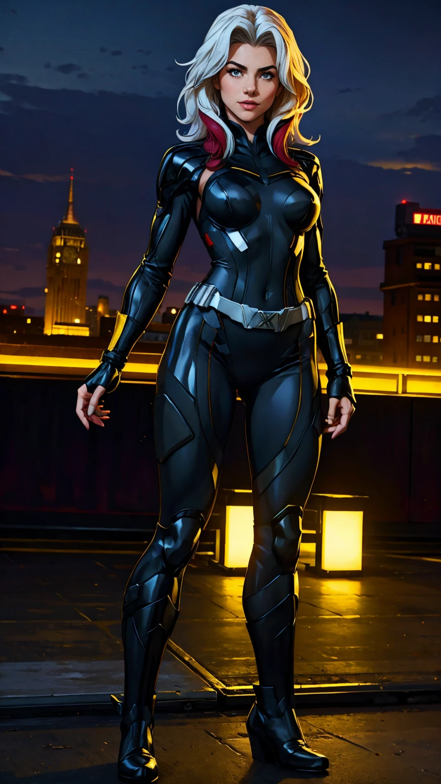((Full body photo, standing, feet on the ground)) (best quality, 4k, 8k, high resolution, masterpiece: 1,2), ultra-detailed, fishnet tights, (realistic, photorealistic, photorealistic: 1, 37), full body photo, Rogue, X-Men, yellow high boots, beauty pose, standing, show feet, outside, city roof at night, black and white uniform