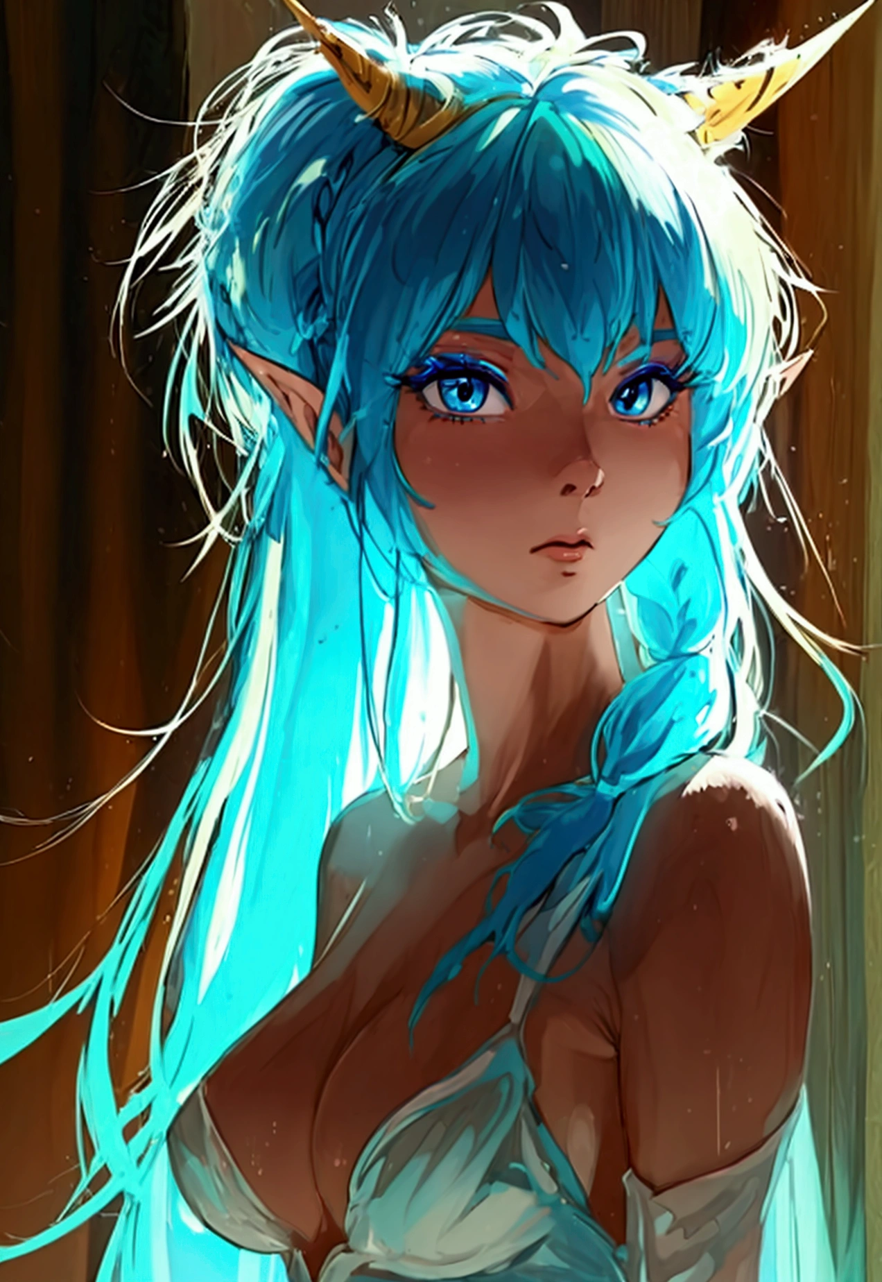 1980's style, retro, source anime, flat color, illustration. lum, single_braid, blue hair, blue eyes, horns, pointy ears, aqua hair, oni horns, eyeshadow, A beautiful detailed woman with expressive eyes, perfect face, 1 girl, solo, anime style, braided ponytail, standing, cowboy shot, looking at viewer, nude, (best quality,4k,8k,highres,masterpiece:1.2),ultra-detailed ,intricate details,highly detailed facial features,extremely detailed skin and hair,extremely detailed eyes and face,longeyelashes,porcelain skin,volumetric lighting,dramatic lighting,vivid colors,natural lighting,detailed background,cinematic composition,elegant,graceful,serene,peaceful