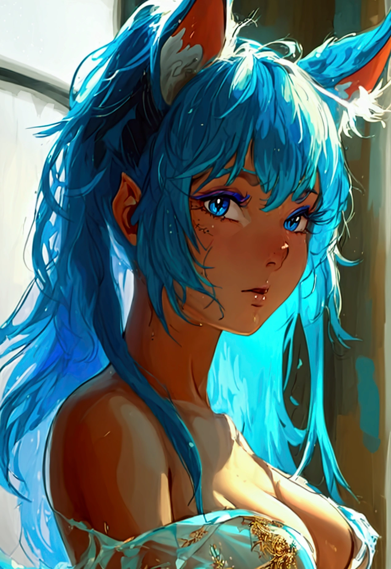 1980's style, retro, source anime, flat color, illustration. lum, single_braid, blue hair, blue eyes, horns, pointy ears, aqua hair, oni horns, eyeshadow, A beautiful detailed woman with expressive eyes, perfect face, 1 girl, solo, anime style, braided ponytail, standing, cowboy shot, looking at viewer, nude, (best quality,4k,8k,highres,masterpiece:1.2),ultra-detailed ,intricate details,highly detailed facial features,extremely detailed skin and hair,extremely detailed eyes and face,longeyelashes,porcelain skin,volumetric lighting,dramatic lighting,vivid colors,natural lighting,detailed background,cinematic composition,elegant,graceful,serene,peaceful