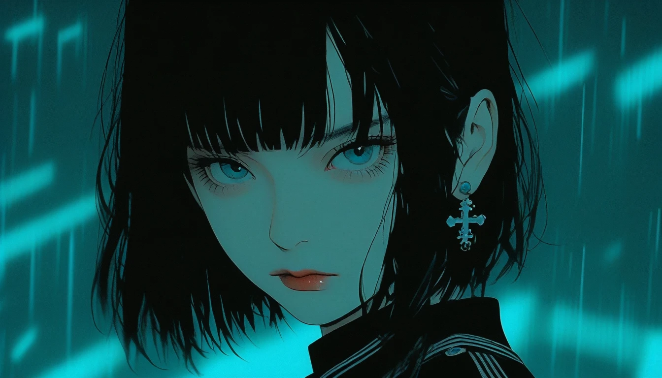 original character,Black Hair,Both eyes are blue,Realistic, Analog Style,, 8mm film, chromatic aberration, DVD Screen Grab, 80s movie, Cinema Lighting, Live Portrait Shooting, Contemporary photography, Dark and intense gothic style, Aesthetics of snapshots, light black, China Punk, thin, Karen Core, Attention to detail, Realisticな影, Move, Movie stills