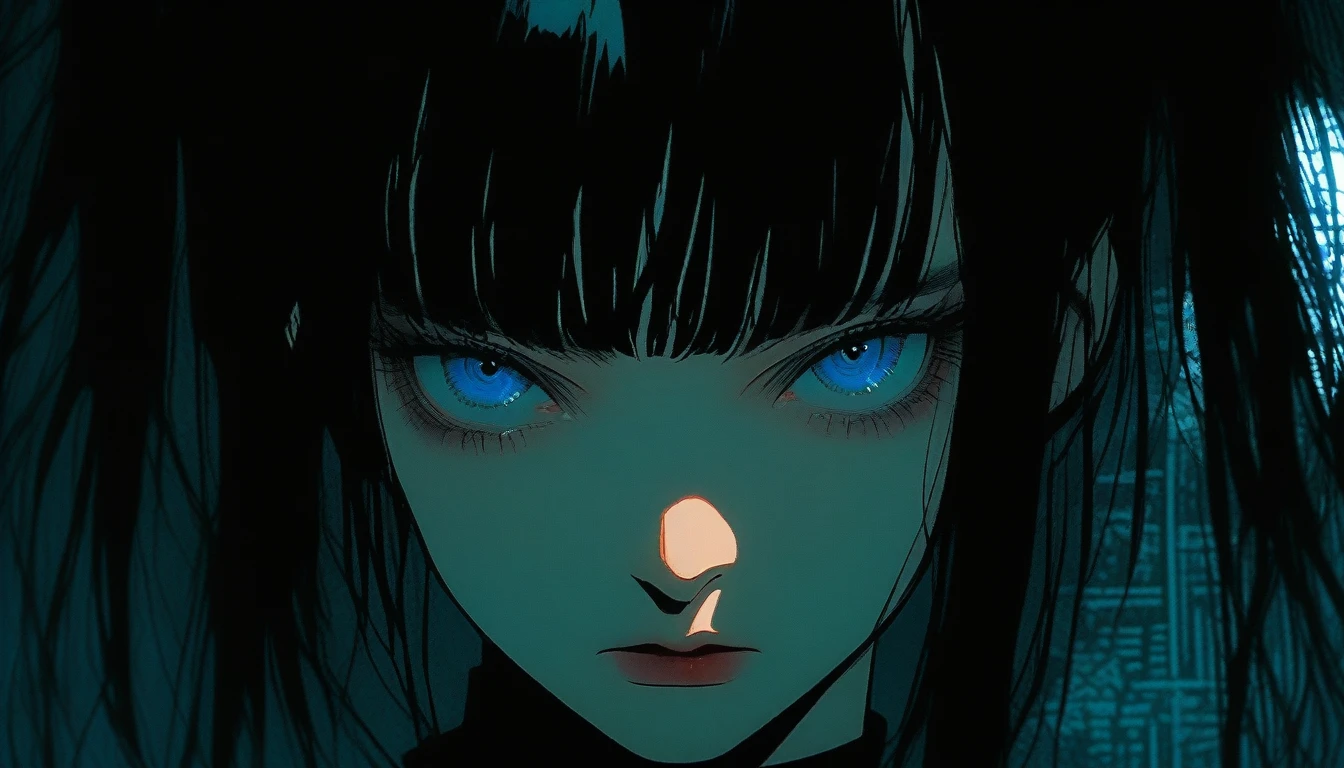 original character,Black Hair,Both eyes are blue,Realistic, Analog Style,, 8mm film, chromatic aberration, DVD Screen Grab, 80s movie, Cinema Lighting, Live Portrait Shooting, Contemporary photography, Dark and intense gothic style, Aesthetics of snapshots, light black, China Punk, thin, Karen Core, Attention to detail, Realisticな影, Move, Movie stills