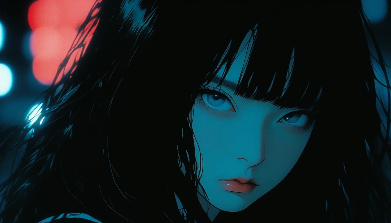 original character,Black Hair,Both eyes are blue,Realistic, Analog Style,, 8mm film, chromatic aberration, DVD Screen Grab, 80s  movie, Cinema Lighting, Live Portrait Shooting, Contemporary photography, Dark and intense gothic style, Aesthetics of snapshots, light black, China Punk, thin, Karen Core, Attention to detail, Realisticな影, Move, Movie stills