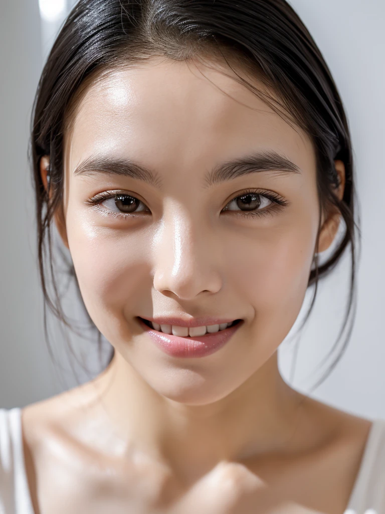 whiteroom, 1 girl, look at the camera, smile, H~I cup, model's expression, big black eyes, wide double eyelids, parallel double eyelids starting from inner corners, high nose bridge, nose positioned higher, small well-shaped mouth, wide mouth, thin lips, smooth fair skin, high cheekbones, symmetrical face, natural eyebrows, droopy eyebrows, slightly thin eyebrows, gentle smile, shiny black hair, straight hair, soft facial expression, well-defined jawline, oval-shaped face, see-through bangs, slightly droopy eyes, round almond-shaped eyes, natural eyeliner, prominent tear bags, very prominent tear bags, healthy cheek color, bright white teeth, well-aligned teeth, moist eyes, dimples, overall impression of gentleness and vulnerability, Tank top, Shiny skin, Sweaty body, Dramatic lighting, Huge breath, (8K, 4K, Best Quality, High Definition, Ultra High Definition: 1.1), (Masterpiece, Realistic, Photorealistic: 1.1), #tarasuzuka24