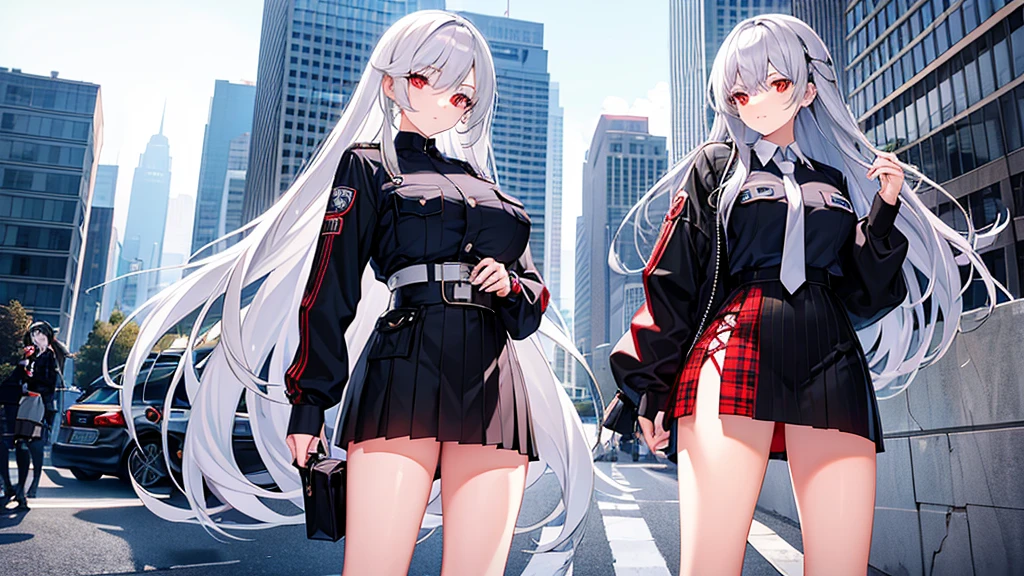 Two girls with long silver hair, twins, red eyes, big breasts, slim body, cool, police officer, black mini quilt skirt