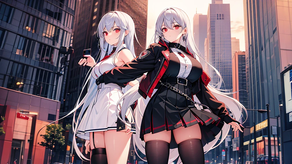 Anime girl with sword and sword in city background, gapmoe Yandere grimdark, girls frontline style, gapmoe Yandere, girls frontline universe, Katana Zero video game character, yandere intricate, white-haired god, from girls frontline, Kantai collection style, Ayaka Genshin impact, m4 sopmod ii girls frontline, Yandere. Tall