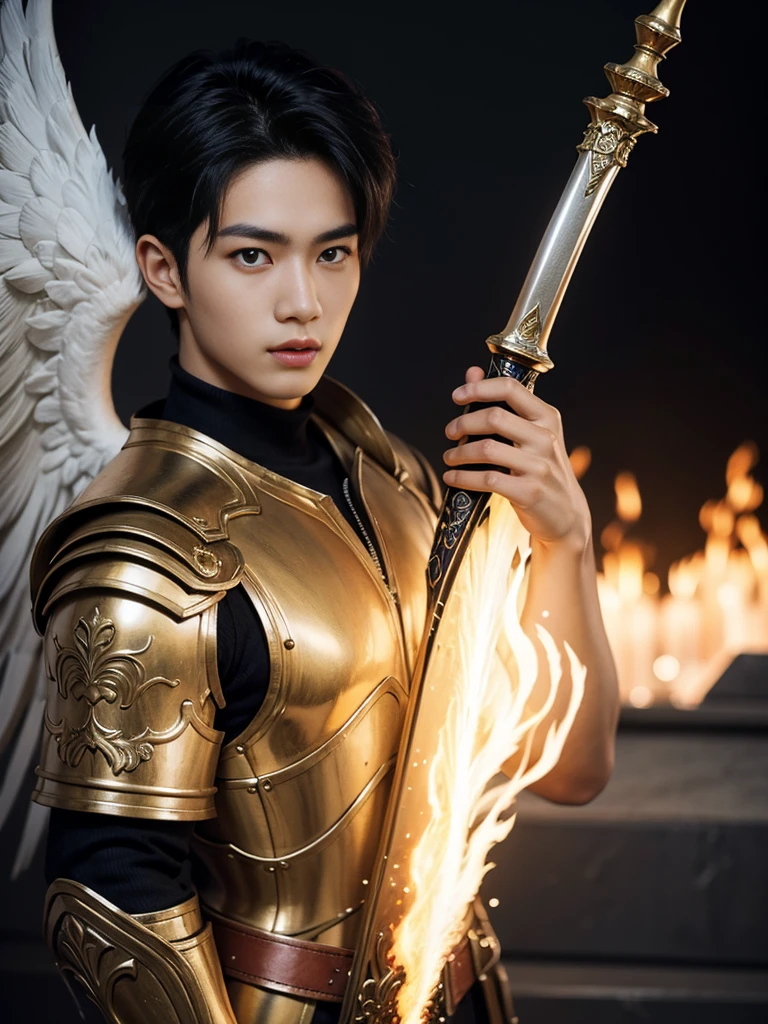 A asian boy like Mighty Archangel Michael, 20-29 years old, handsome, kpop idol actor, many jawline, manly chin, Full Body Shoot, (eyes contact), detailed facial parts, Manly, bare chest, six packs attractive body and Quiff haircut :: high detail, is in highly detailed battle armor, holding a detailed flaming blue sword of golden pearls, detailed fingers, a flaming sacred aura radiating from his body, stylish model pose, moon background, surreal, fantasy, magical, intricate details, depth of field. Best quality, masterpiece, ultra high resolution, (anime realism, photorealistic: 1.4), perfect composition, centered, symmetry 