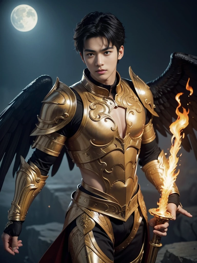 A asian boy like Mighty Archangel Michael, 20-29 years old, handsome, kpop idol actor, many jawline, manly chin, Full Body Shoot, (eyes contact), detailed facial parts, Manly, bare chest, six packs attractive body and Quiff haircut :: high detail, is in highly detailed battle armor, holding a detailed flaming blue sword of golden pearls, detailed fingers, a flaming sacred aura radiating from his body, stylish model pose, moon background, surreal, fantasy, magical, intricate details, depth of field. Best quality, masterpiece, ultra high resolution, (anime realism, photorealistic: 1.4), perfect composition, centered, symmetry