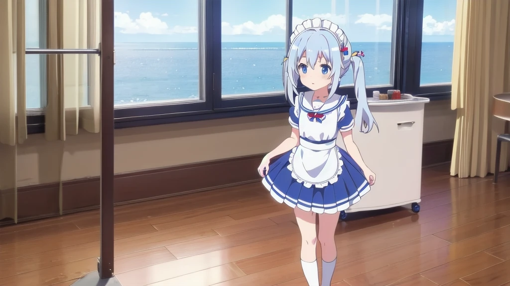 ute anime girl cute beautiful great quality excellent quality of detail in white maid dress with blue white stockings short skirt blue eyes blue white hair in the room  nekomimi kawai girl