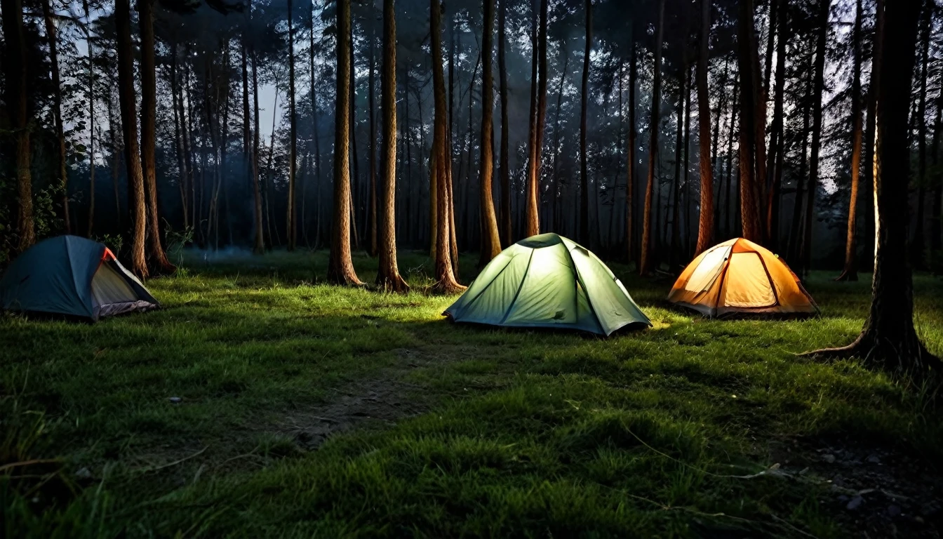 scary forest, dark night, two lonely camping tents on the grass between trees, bonfire, tense atmosphere