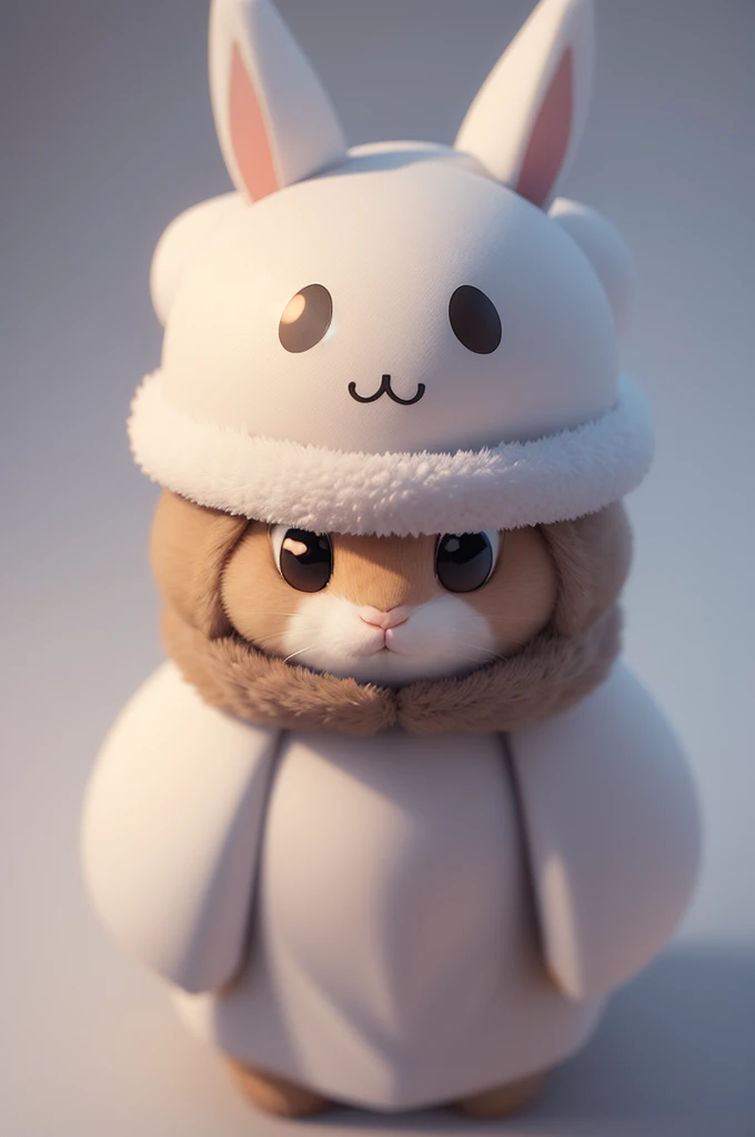 Symmetric,Front view,3d, A marshmallow-like character wearing a rabbit ushanka, Head height,Simple,Looking into the camera,Animal Cap