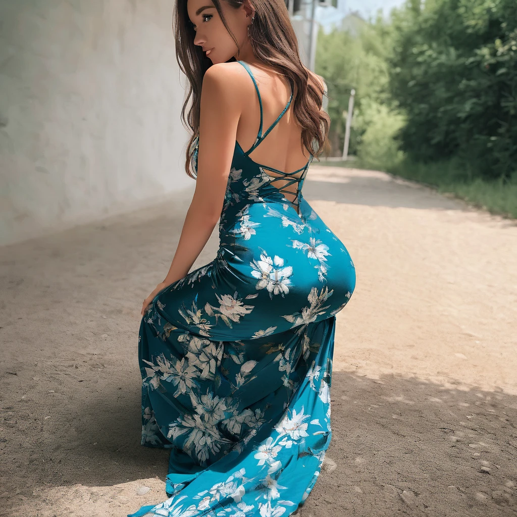 woman squatting on her knees in a maxi dress, bodycon dress, rear view angle fully