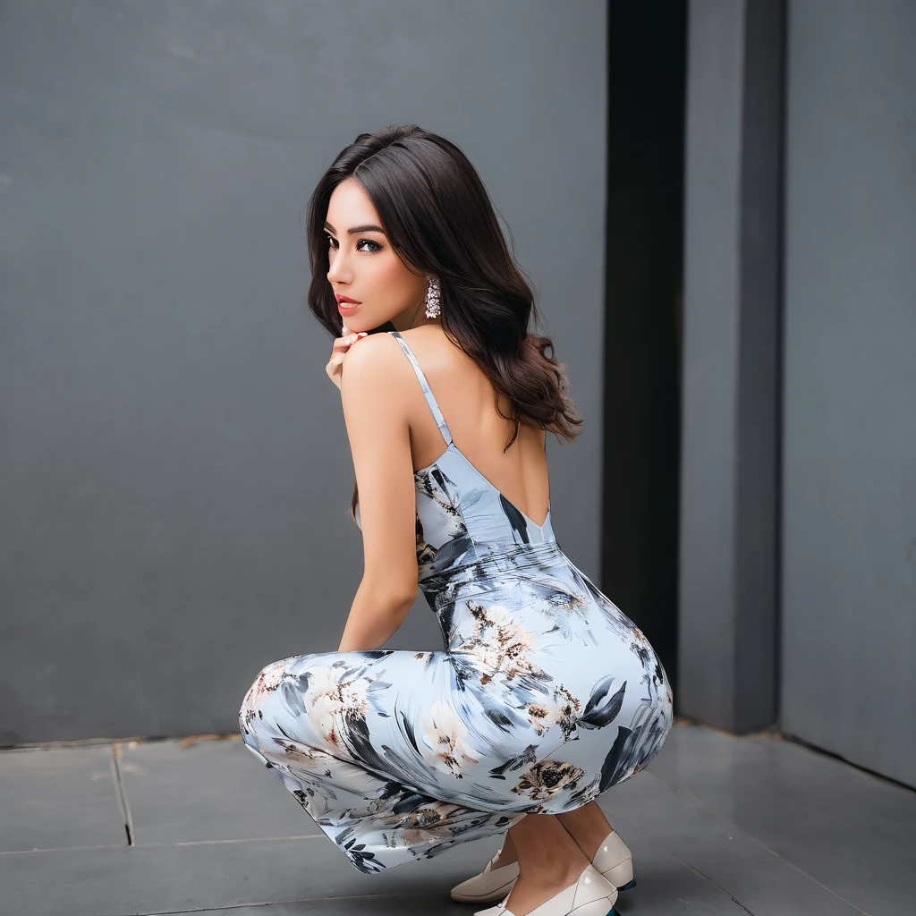 woman squatting on her knees in a maxi dress, bodycon dress, rear view angle fully