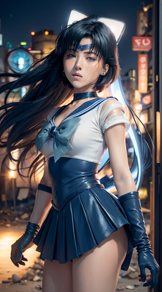 masterpiece, blushing, feeling pain, suffering from arm being bitten by enemy, dynamic and intense scene, background with sound waves, eyes closed,Highest quality, High resolution, Mercury 1, One girl, alone, Sailor Warrior Uniform, Sailor Mercury, Mizuno Ami,short hair, Blue Hair, Magical girl, blue eyes, Blue Skirt, Elbow hand pockets, tiara, Pleated skirt, Blue Sailor Collar, mini skirt, choker, blue choker, White gloves, Short Hair,  jewelry,  Earrings, Cowboy Shot,More detailed 8K.Unreal Engine:1.4,超High resolution,La Highest quality:1.4, Realistic:1.4, Skin Texture:1.4, masterpiece:1.8,first work, Highest quality,Object Object], (Detailed facial features:1.3),(Fine hand:1.4),(Apocalyptic destroyed cityscape:1.4)