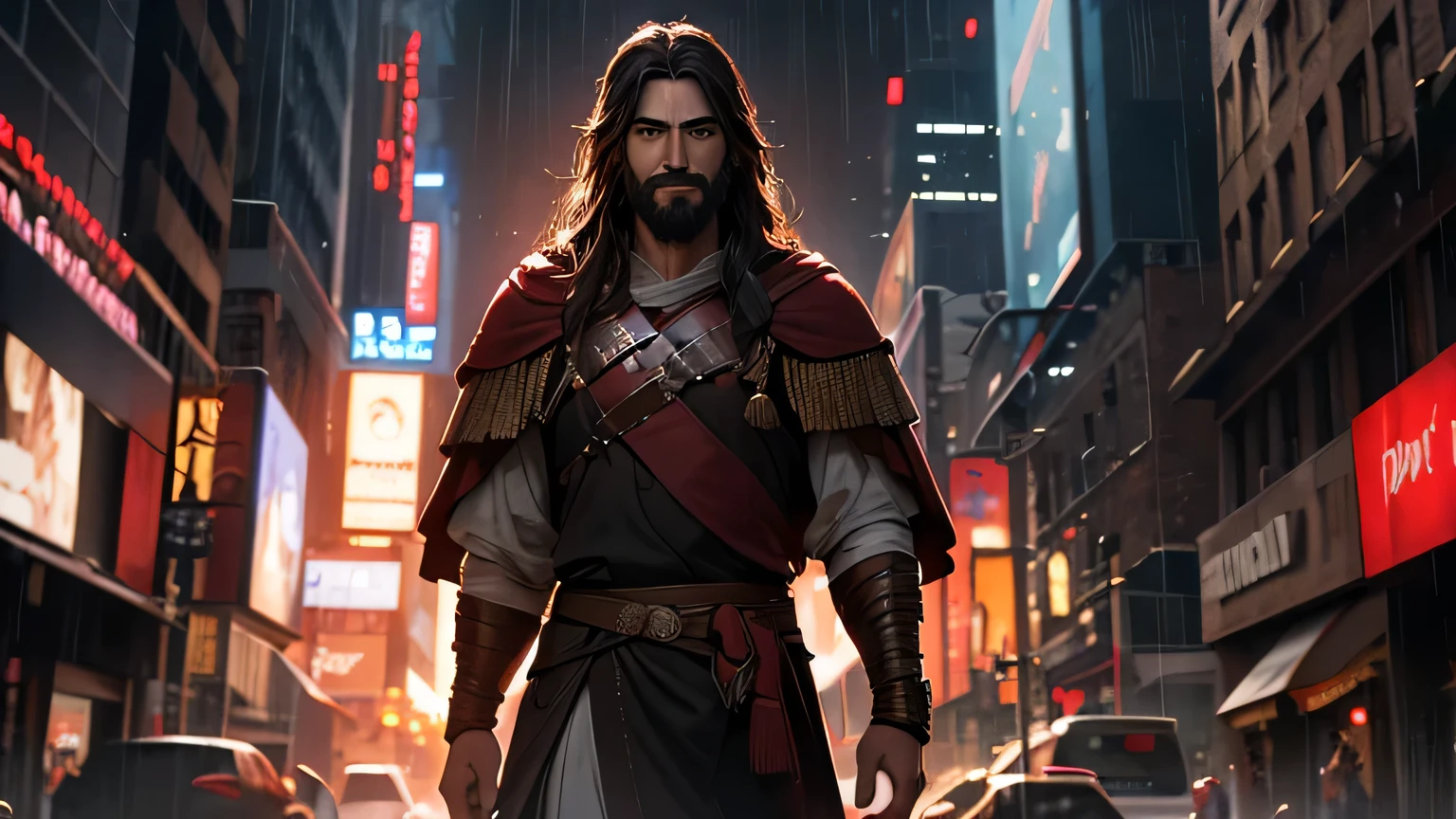 in night photorealistic highly detailed portrait of jesus in red cape, black beard, light brown eyes, smiling, wearing ancient roman warrior clothing from 4th century BC, standing in the rain at night in new york city, dramatic lighting, cinematic, digital art, hyper realistic, 8k