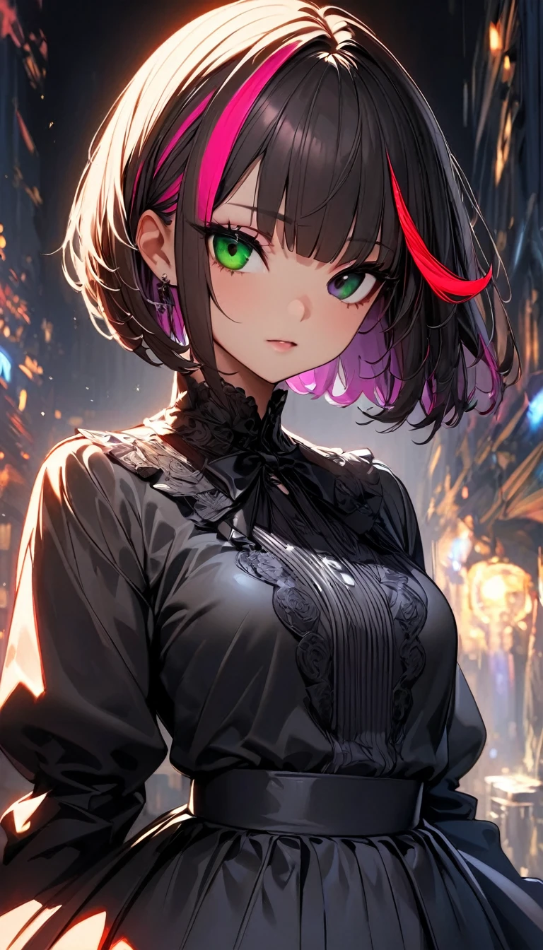 (highest quality:1.2, Very detailed, up to date, Vibrant, Ultra-high resolution, High Contrast, masterpiece:1.2, highest quality, Best aesthetics), Portraiture、girl、solo, (25-years-old:1), slim, , heterrochromia, green eye, red eye, ((gothic lolita:1.3)), intricate black lace dress,r uffles,bows, high collar, (in charch), Stained glass, Bright colors、Beautiful fine details、Beautiful lip detail、extra short hair, ((bob cut:1.5))、pink and purple, ((streaked hair:1.9)), (highlights hair: 1.6), (small breast:1.3), (tan skin:0.7), cowboy shot:1,